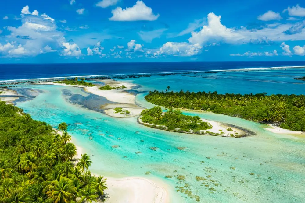 Turquoise lagoon and palm-lined island shore