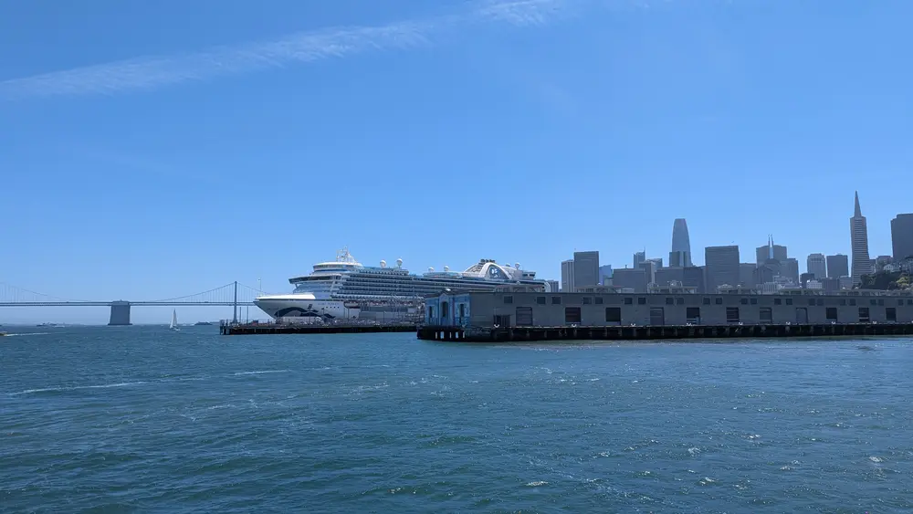 The San Francisco skyline and Bay Bridge from the water, California