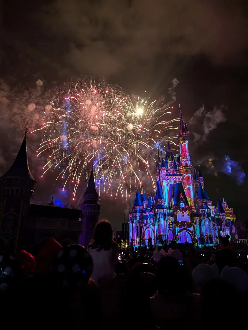 Fireworks over Cinderella Castle during the nighttime show at Magic Kingdom