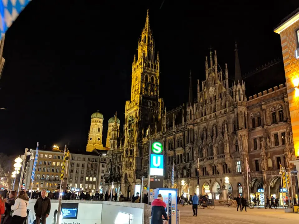 Munich's Marienplatz and New Town Hall glowing at night