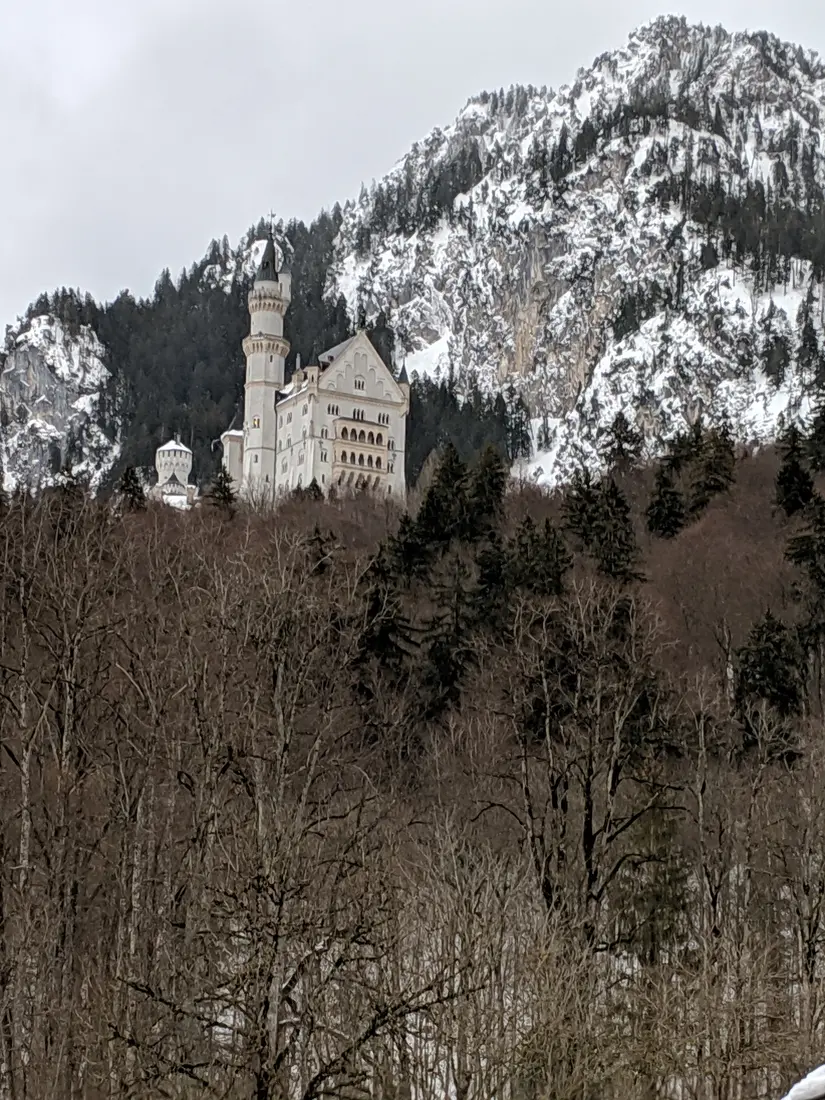 Neuschwanstein castle on its crag in the Bavarian Alps, Germany
