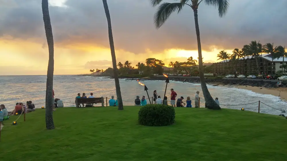 Golden sunset over a palm-lined Kauai bay in Hawaii