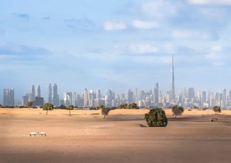 The Dubai skyline rising beyond desert dunes in the United Arab Emirates