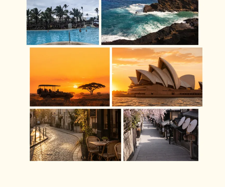 A grid of travel photos: a palm-lined resort pool, surf breaking on dark volcanic rock, a safari truck silhouetted at sunset beside an acacia tree, the Sydney Opera House at golden hour, a cobblestone cafe street, and a lantern-lined lane in Japan