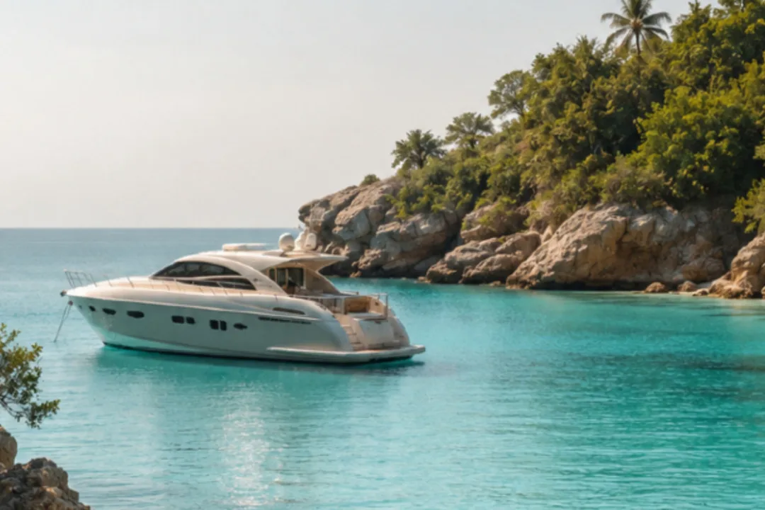 A white motor yacht anchored in a calm turquoise cove beside a rocky shoreline covered in green trees and palms